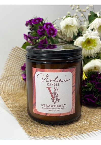 Violas Candle Amber Renk Cam Kavanoz Çilek Kokulu %100 Soya Wax Mum Beyaz