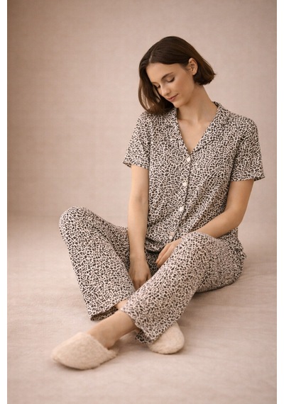 Nisanca Vizon Leopar Desenli Kısa Kollu Yazlık Pijama Takımı Leopar
