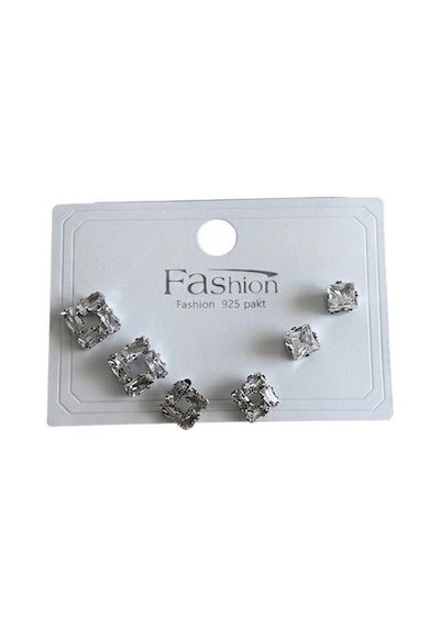 Taşlı Kare Silver Altılı Küpe Çok Renkli