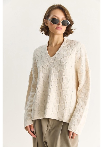 Shade Kadın Oval Yaka Saç Örgü Oversize Triko Kazak Tk241277 60284091 - Krem