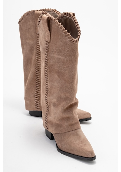 Luvishoes Velın Toprak Süet Hakiki Deri Dikişli Kadın Western Çizme Toprak