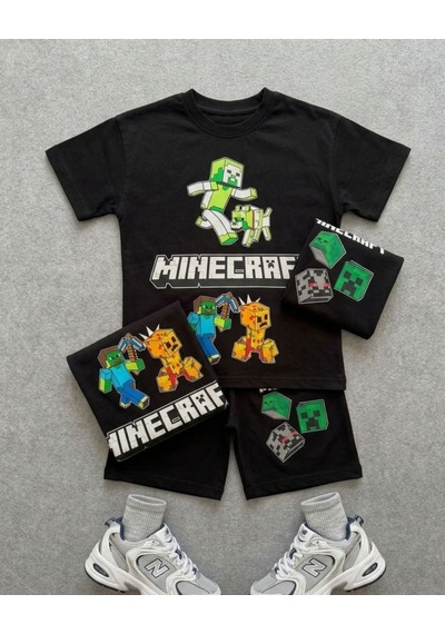 Cg Kids Minecraft Erkek Çocuk Tshirt & Şort Alt Üst Takım Süper Kalite Arka Etek Baskı Detay Siyah