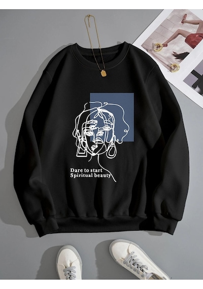 Startmore Siyah Kadın Beauty Özel Göğüs Baskılı Oversize Bisiklet Yaka