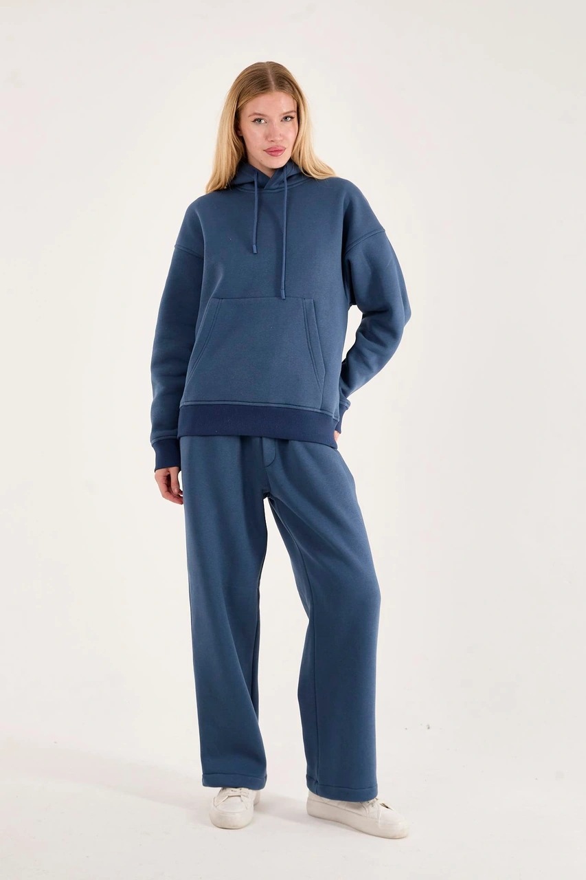 Q-4008 Kapüşonlu Üç İp Şardonlu Sweat İndigo