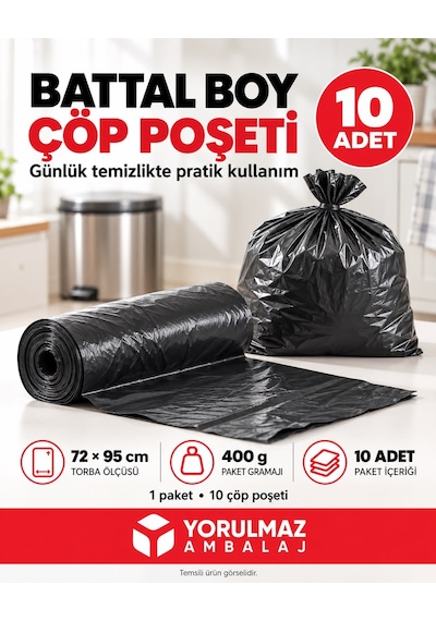 Battal Boy Çöp Poşeti 72x95 Cm 10 Adet, 400 Gr Paket Ev, Ofis, Kafe Ve Restoranlar İçin Pratik Atık Toplam