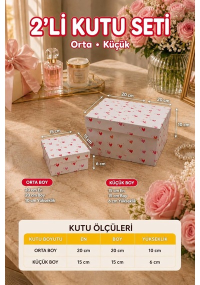 Kolix 2'li Pembe Kalpli Hediye Kutusu Seti - Orta Ve Küçük Boy Kapaklı Hediyelik Ambalaj Kutusu