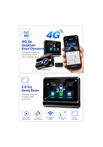 Bagajon 2k Max Araç İçi Kamera 4g Çift Kameralı Wifi Gps Uzaktan Canlı İzleme Gece Görüşlü G-sensör 24 Saat Park Modu