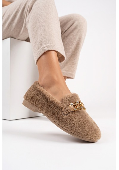 Nmoda Kadın Peluş Panduf Gold Zincir Taşlı Aksesuarlı Kapalı Loafer Yumuşak Tabanlı Kışlık Rahat Babet Vizon
