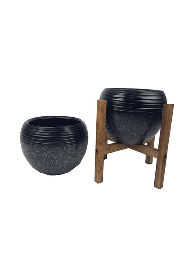 Bitki Tasarımı Ev Dekorasyon  Siyah Granit Küp Saksı Saksılık Salon Çiçeklik İkili Set (4 Ayaklı-Ayaksız)