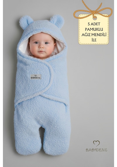 Babyden's 0-12 Ay Welsoft Peluş Bebek Dış Kundak Uyku Tulumu Ayıcık Kulaklı İçi %100 Pamuk Astarlı Battaniye Mavi