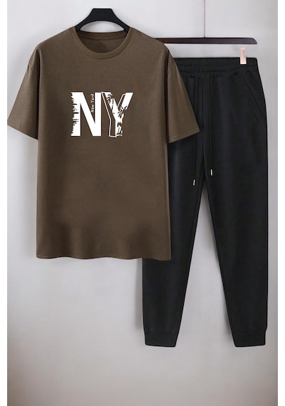 Uyguntarz Unisex New York Baskılı Eşofman Takımı Kahverengi