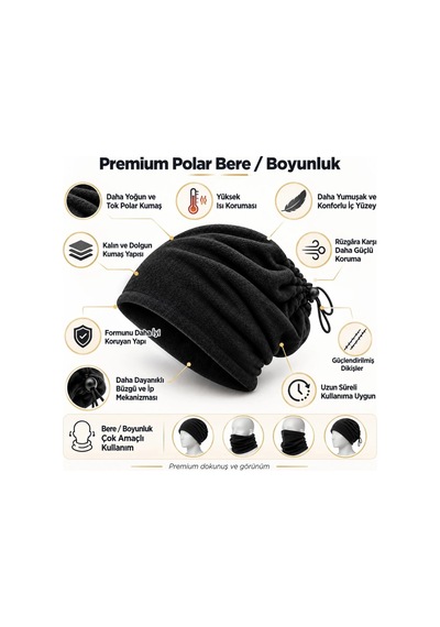 Elitse Unisex Premium Polar Bere Boyunluk 2'si 1 Arada Sıcak Tutan Rüzgar Korumalı Outdoor Kışlık Siyah Şık