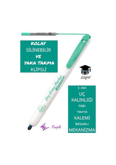 Basmalı Tahta Kalemi Yaka Clipsli İade Garantili Amerika Markası Writech Kolay Silinebilir Mor