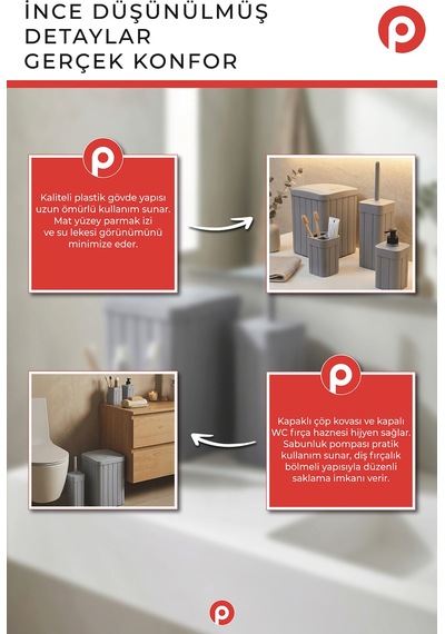 Trend Fitil Desen 4 Parça Banyo Düzenleyici - Estetik ve Dayanıklı Banyo Seti Gri