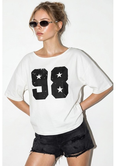 Shade Kadın Kayık Yaka Baskılı Oversize %100 Pamuk T-shirt Öt100005 60286270 - Beyaz