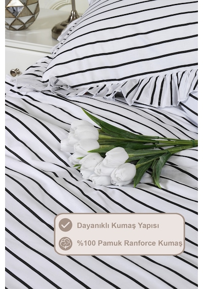 Elart Lara Nevresim Takımı Çift Kişilik Lastikli Çarşaf %100 Pamuk Ranforce Fırfırlı 200x220 Cm Siyah Siyah