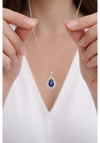 Çekirdekjewelry 925 Ayar Gümüş Safir Damla Taşlı Minik Kolye Gri