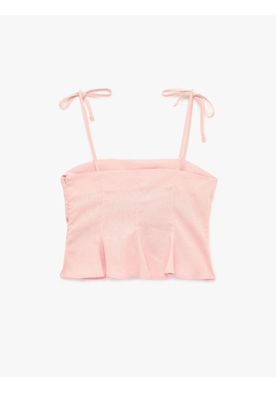 Koton Slim Fit Hafif Peplum Kesim Pileli İp Askılı Crop Keten Bluz Pembe