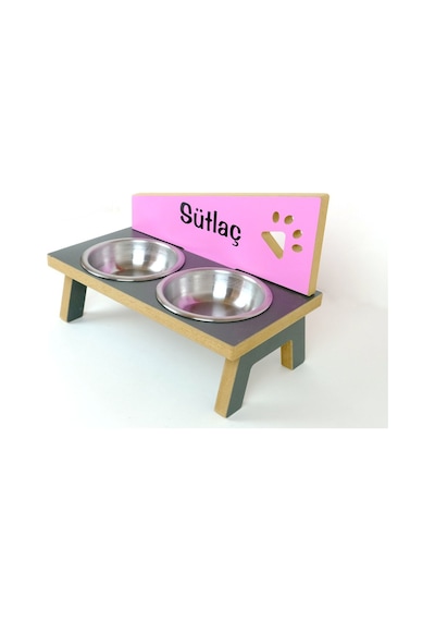 Özel İsim Baskılı, Ahşap, Çelik Kâseli Kedi- Küçük Irk Köpek Mama Ve Su Kabı Stantı 350 Ml.
