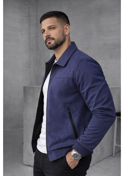 Baselco Basic Slim Fit Polo Yaka Süet Ceket Lacivert