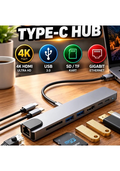 8 Port Type-c Hub 4k Hdmı, Usb, Sd Kart Ve Ethernet Bağlantılı Çoklayıcı