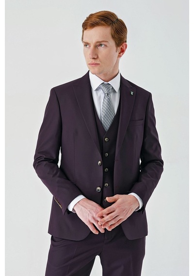 İmza Gabardin Kırlangıç Yaka Yelekli 6 Drop Slim Fit Klasik Takım Elbise 1001240187- Mürdüm İmza Gabardin Kırlangıç Yaka Yelekli 6 Drop Slim Fit Klasik Takım Elbise 1001240187- Mürdüm