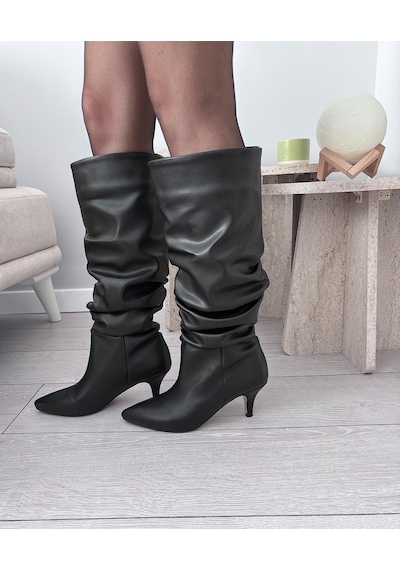 Asmi Shoes Kadın Oslo Topuklu Körüklü Şık Tarz Günlük Rahat Çizme Siyah Siyah