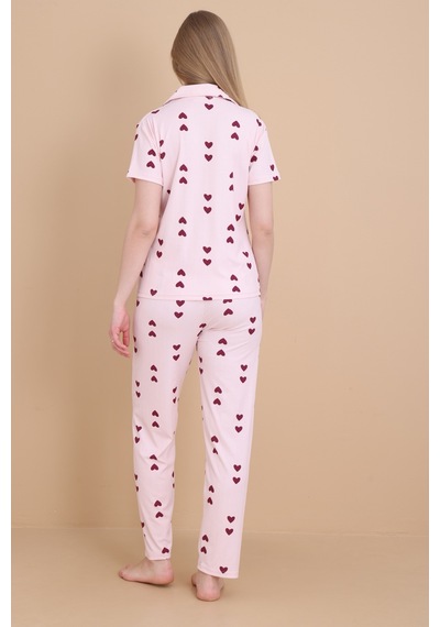 Wordex Mirano 9511 Kalpli Pembe Pegasus Kumaş Düğmeli Kısa Kolu Kadın Pijama Takımı