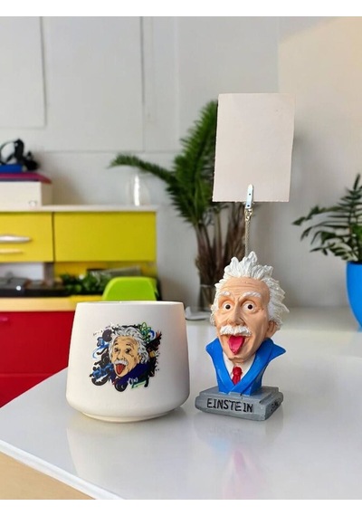 Albert Einstein Temalı Fotoğraf Not Tutacak Ve Kalemlik Saksı Mumluk Seti Ofis Masası Hediyelik Renkli