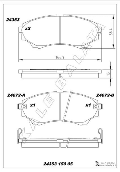Kale Ön Fren Balatası Mazda 4 4 B 2500 Ranger 02 06 2.5td / 3.0td 06 12 Kale 24353 150 05 Ans Kd11 Umy13328za-3m352001aa-wva24353
