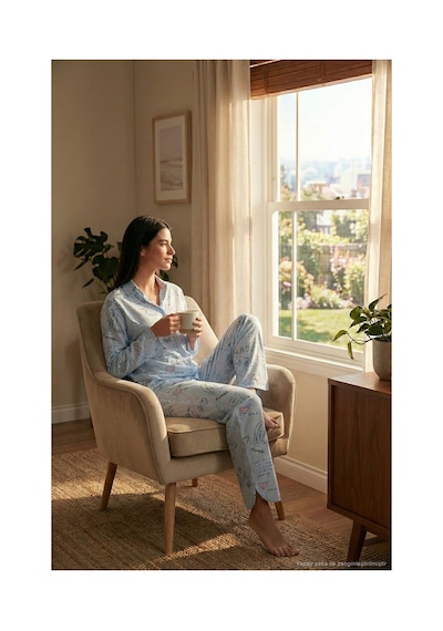Lela Desenli Rahat Kesim Bol Paça Yazlık Bayan Pijama Takımı 6110014 Açık Mavi