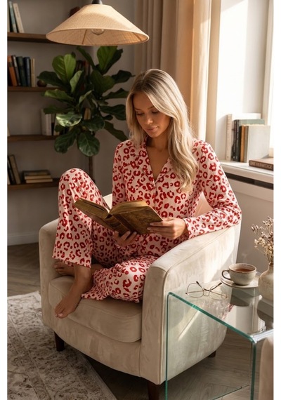 Fit Women Kadın Düğmeli Uzun Uyku Ve Kırmızı Pijama Takımı