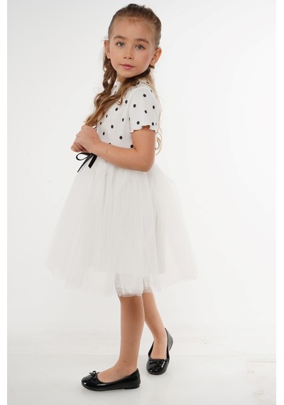 Mnk Baby & Kids Kısa Kol Kız Puantiyeli Tütülü Günlük Elbise Mnk0504 Beyaz