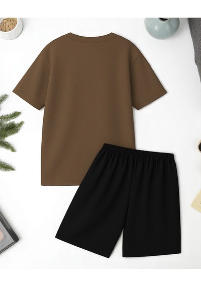 Uyguntarz Unisex 3 Kalp Baskılı Tasarım Şort Takım Kahverengi