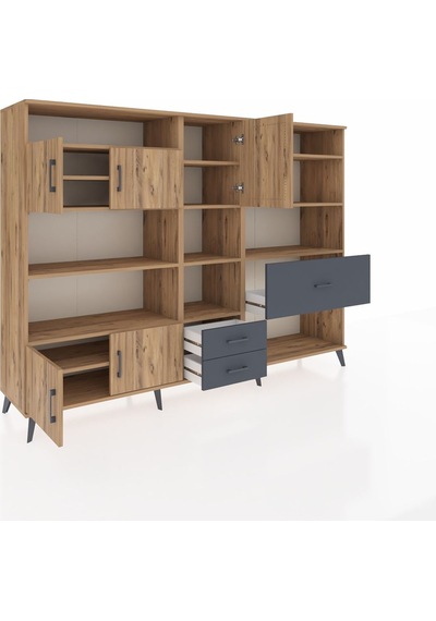 Hyperion Dolap 13 Raflı 3 Çekmeceli 5 Kapaklı 220x44x163 Çam-çam/ Çam-çam/antrasit