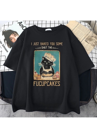 Tarzsokak Kadın Siyah Fucupcakes Baskılı Oversize Bisiklet Yaka Tshirt Siyah