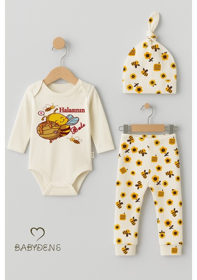 Babyden's Halasının Balı 3 Lü Yenidoğan Takım %100 Pamuk Uzun Kol Body,çiçek Arı Desenli Pantolon,bere Ekru