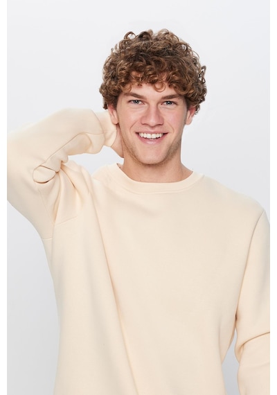 Tudors Unisex Oversize Geniş Kesim Pamuklu Yumuşak Dokulu İçi Polarlı Bej Renk Bisiklet Yaka Sweatshirt-32622 Bej