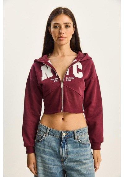 Shade Kadın Nyc Nakışlı Üç İplik Şardonlu Kapüşonlu Crop Hırka 6942 60283794 - Bordo