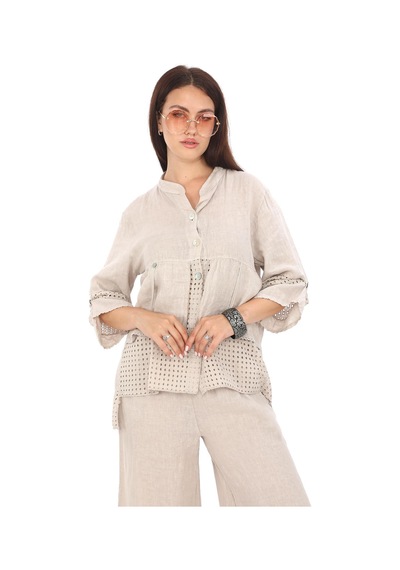 Bohem Stil İtalyan Fisto Detaylı Keten Pantolon Ceket Takım-9196 Bej