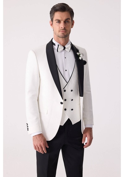 Ysf Erkek Beyaz Damatlık Slim Fit Kırlangıç Yaka Desenli