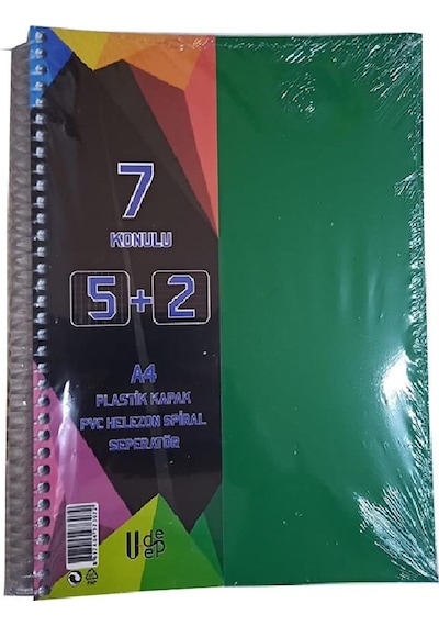 5+2 Ayraçlı Defter 7 Konulu 175 Yaprak 1 Adet 5 Kareli 2 Çizgili Spralli Plastik Kapak Seperatörlü Yeşil