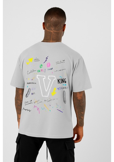 V Baskılı Oversize Beyaz T-shirt Çok Renkli