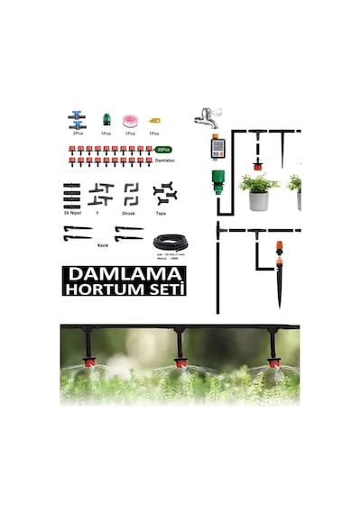 Damlama Sulama Hortum Seti 20mt Hortum Boru Nozul Ve Boru Bağlantı Aparatları Fidan Bitki Bahçe