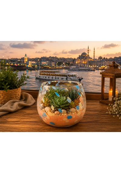 Üfleme Cam Teraryum Saksı Seti Turuncu Mavi Benekli Dekoratif Cam Kase Vazo 18x17 Cm