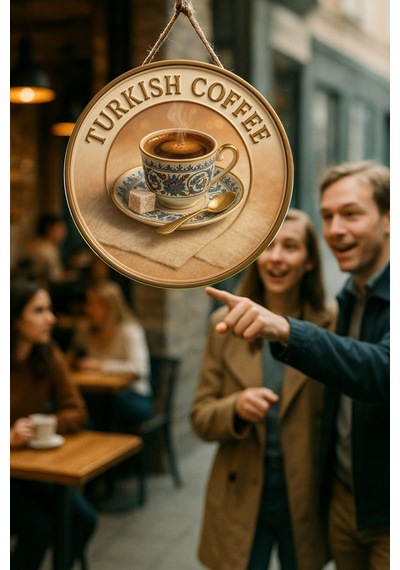 Turkish Coffee Temalı Kapı Süsü Tablosu, Geleneksel Türk Kahvesi Resimli Dekoratif Duvar Aksesuarı