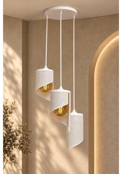 3'lü Spiral Sarkıt Avize Modern Dekoratif Salon Yemek Masası 3 Rustik Led Ampul Hediyeli Beyaz