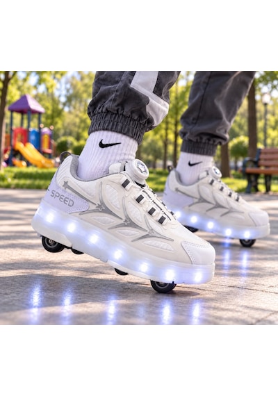 Papucumun Dünyası Işıklı Mekanizma Bağcıklı Unisex Patenli Sneaker Beyaz