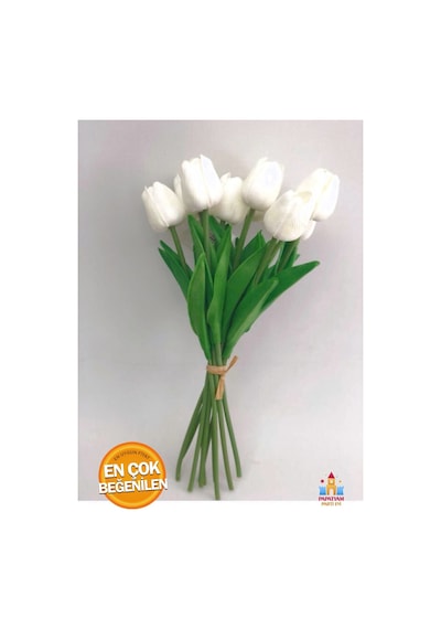 Beyaz Gerçeksi Dokulu Yapay Lale Buketi - 8 Li Islak Lale Seti, 32 Cm Beyaz