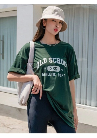 Flood Of Style Kadın Yeşil School Baskılı Bisiklet Yaka Tshirt
